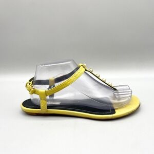 Balenciaga Womens 39 Arena T Strap Studded Flat Sandals Yellow Leather Moto Edgy